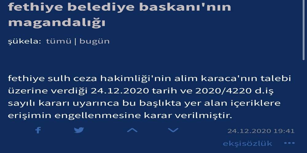 CHP'li Fethiye Belediye Başkanı Alim Karaca’dan, yaptığı magandalığı ifşa eden Ekşi Sözlük’e sansür