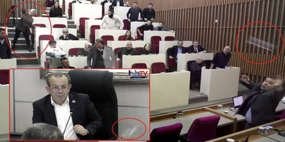 Meclis toplantısında depremzedeler üzerinden istismara kalkışan CHP’li Tanju Özcan’a su şişesi fırlatıldı