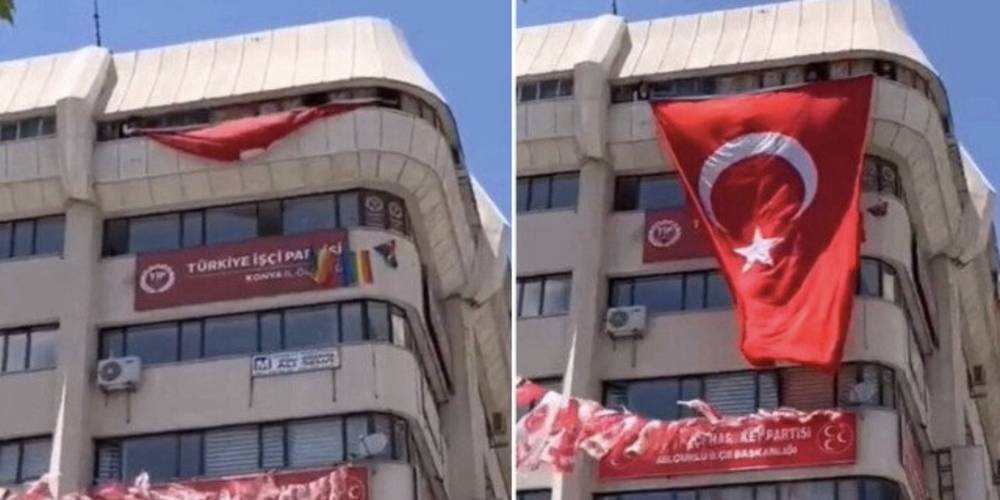 Konya’da bir grup genç LGBT paçavralarının sergilendiği binaya Türk bayrağı astı