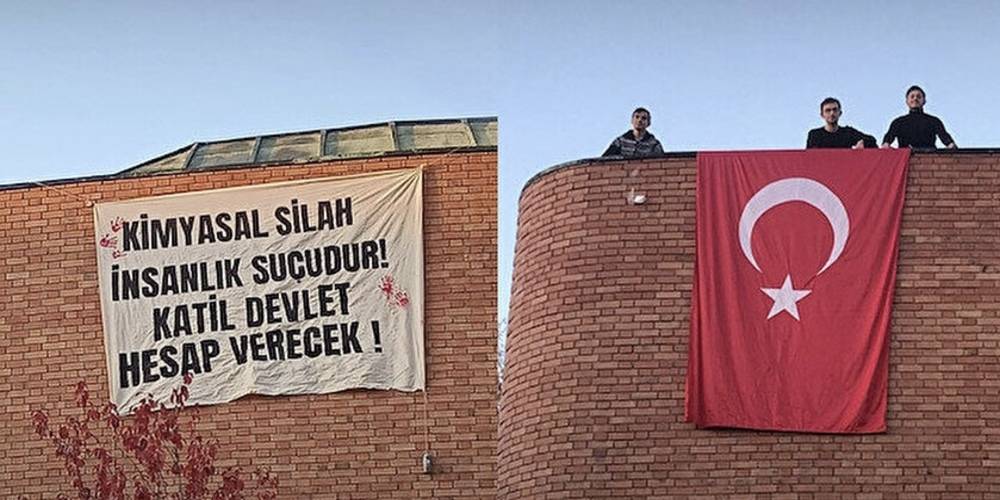 Türkiye Gençlik Birliği üyeleri ODTÜ’de Türk devletine "katil" denilen afişi indirerek Türk bayrağı astı